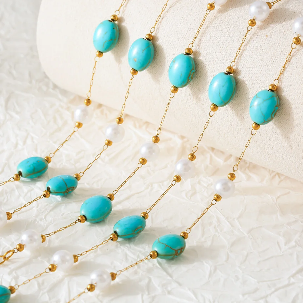 Turquoise Stones Pearl Necklace Bracelet Women Set Stainless Steel Natural Stone Beaded Pendant Female Necklaces Luxury Jewelry