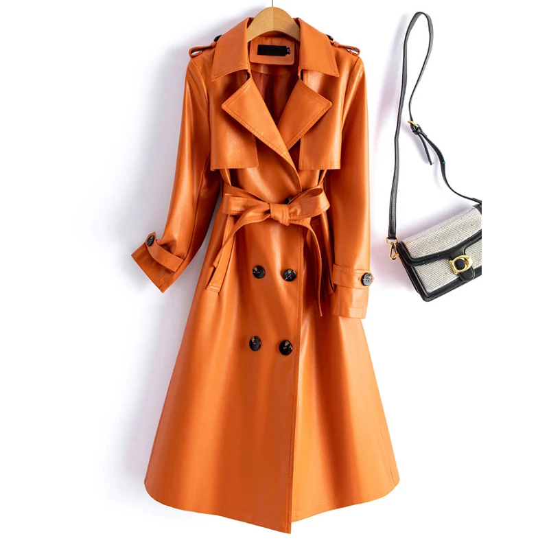 M-5XL Sheepskin Trench Coat for Women 2024 Autumn New Mid-length Double Breasted Belt Chic Ladies Split Leather Slim Outwear