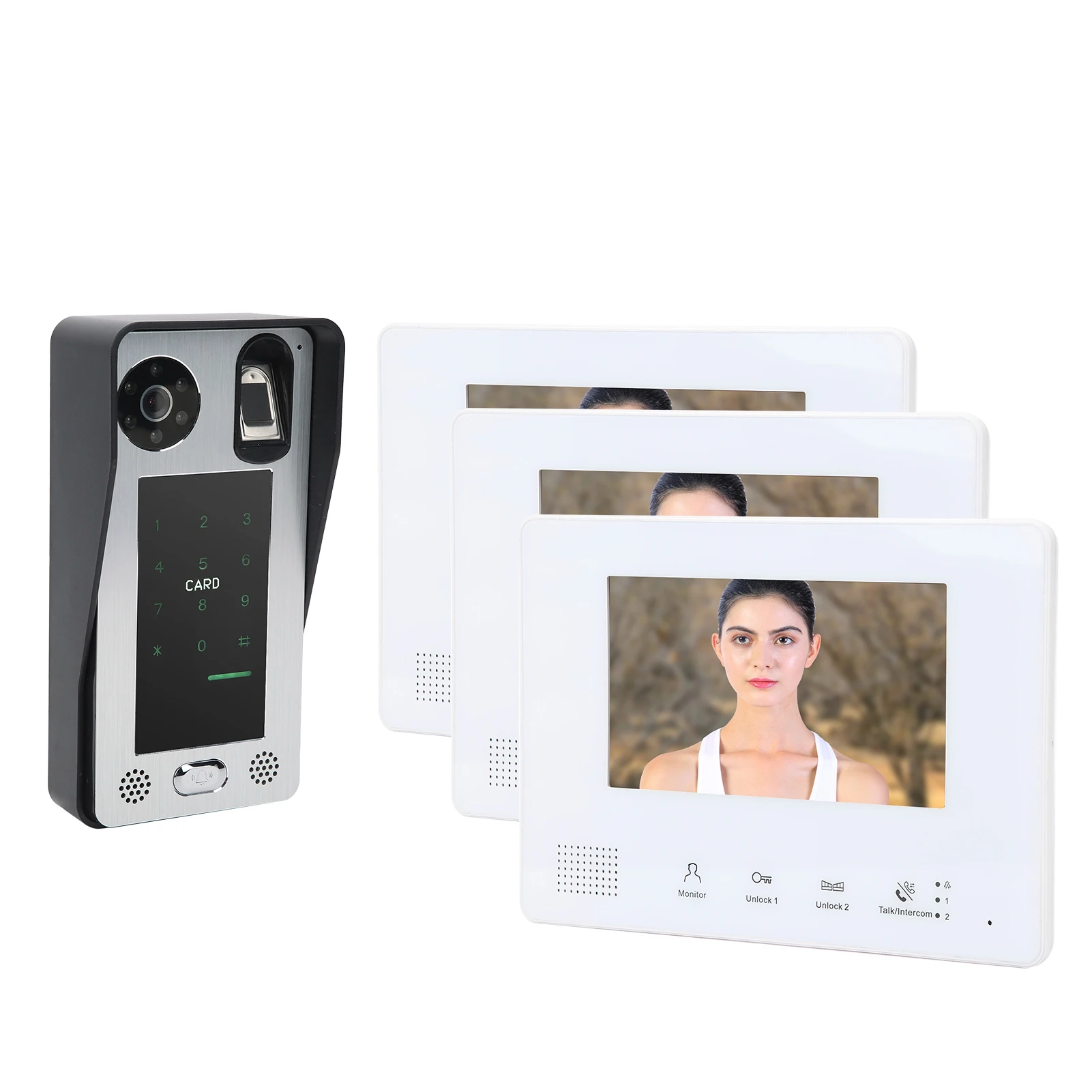 المحمولة 7in TFT LCD الاتصال الداخلي مرئية فيديو التعرف على الوجه جرس الباب 2-السلكية نظام للرؤية الليلية لبطاقة بصمة كلمة المرور