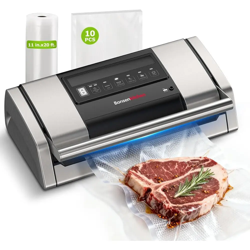 

Sleek Silver Vacuum Sealer with Easy-Lock Handle, Built-in Cutter, Bag Storage, 1 Roll and 10 Pre-Cut Bags for Sous Vide and Mea