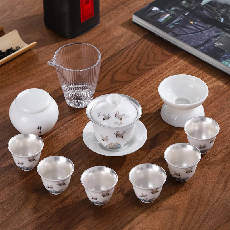 Enamel Color Gilded Silver Tea Set Pure Silver Complete Kung Fu Tea Set High-end Tea Brewing Pot and Tasting Cup for Office and