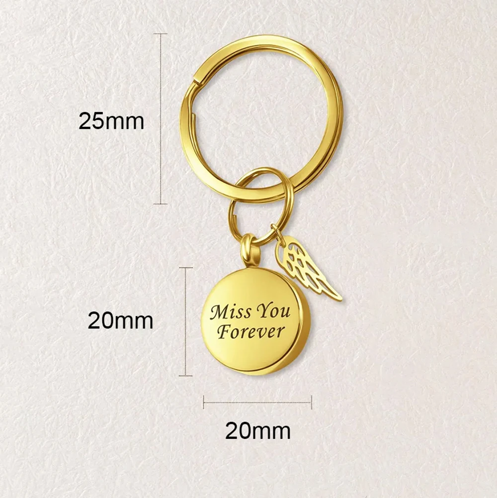 Round Urn Pendant Keychain with Angel Wing for Ashes Stainless Steel Cremation Memorial Jewelry Custom Name Paw Text view 3
