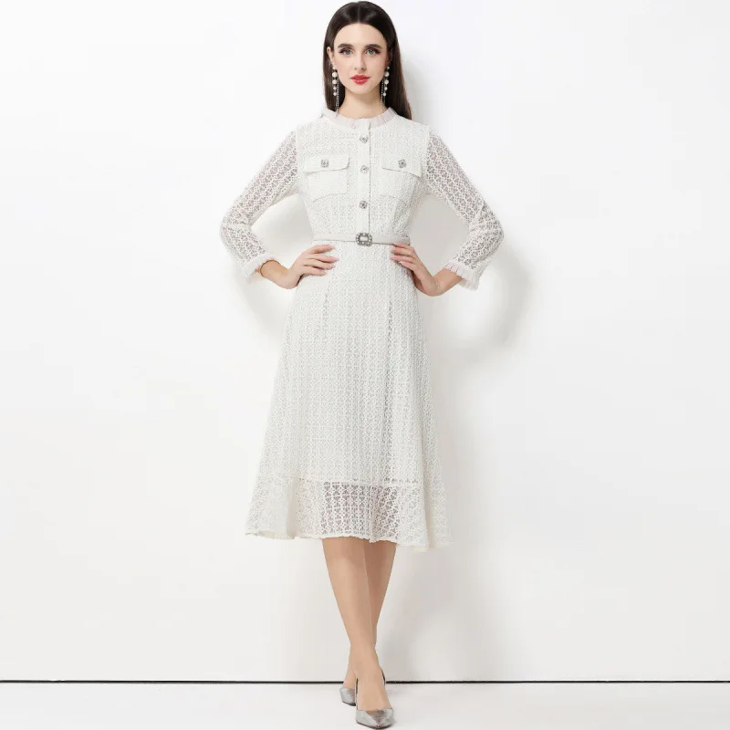 Slimming Lace Waist Belted Long Dr Women's Faion High Waist French Sle Velvet Fabric Casual Spring Thi Long Sve