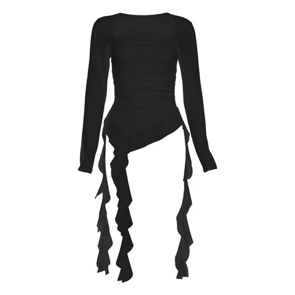 Streetwear Jellyfish Mesh Belt T-Shirt Korean Y2K Ins Elf Long Sleeve Slim Fit Crop Tops Irregular Pleated Collar