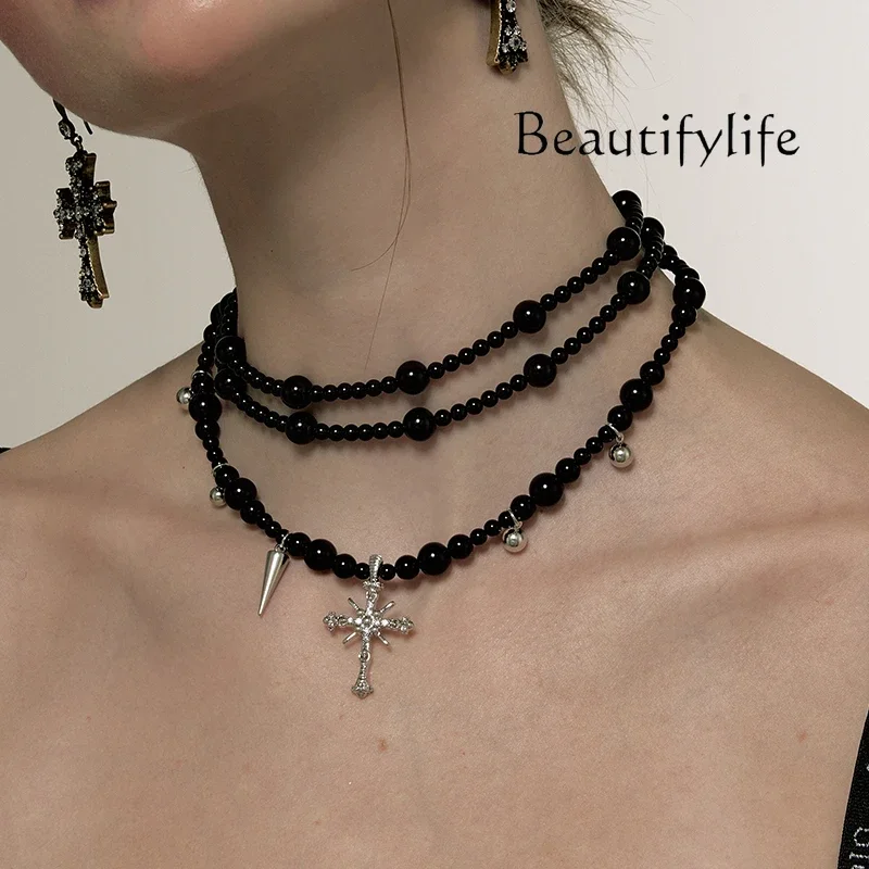 Simple designer black agate pearl necklace multi-layer stacked bone chain cross sweater chain