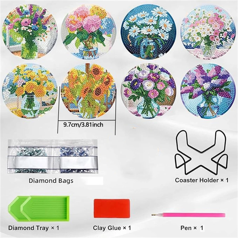 8-Piece Set of Diamond Painting Coasters (With Holder), DIY Bouquet Pattern Diamond Painting Coasters, Suitable for Adults to Us