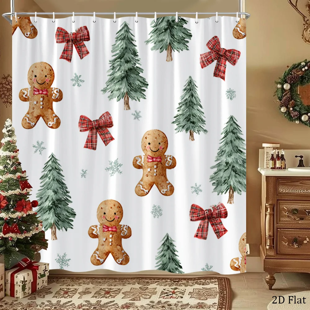 2D Flat, 2D Flat, 1pc of Christmas Gingerbread Man Shower Curtain Featuring an Adorable Holiday Design with Festive Trees And Bo