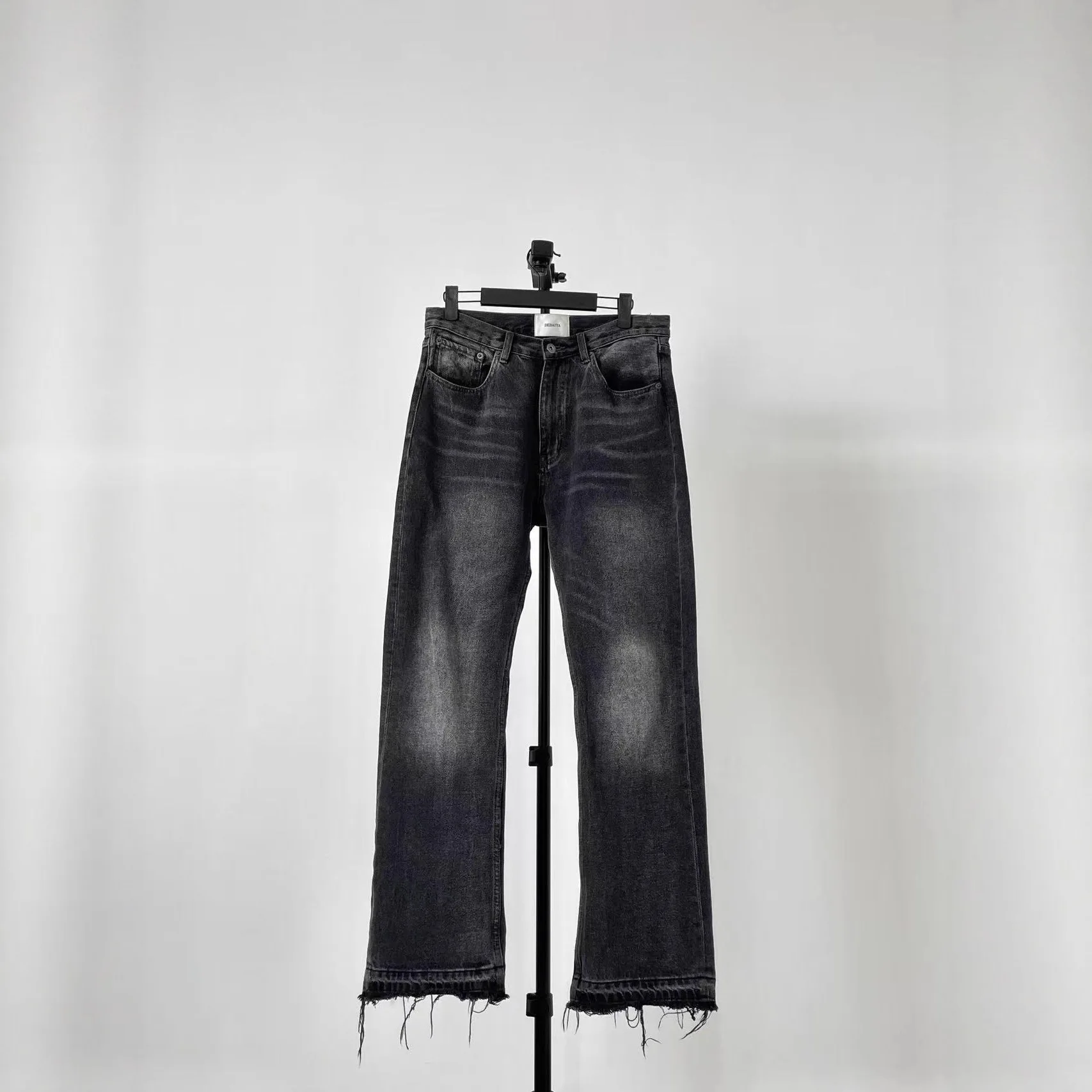 Men's Vintage Washed Distressed Black Fringe Denim Jeans Retro Streetwear Casual Long Denim Trousers