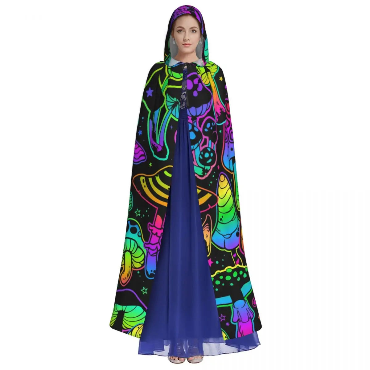 Adult Cloak Cape Hooded Psychedelic Mushrooms Print Medieval Costume Witch Wicca Vampire Elf Purim Carnival Party