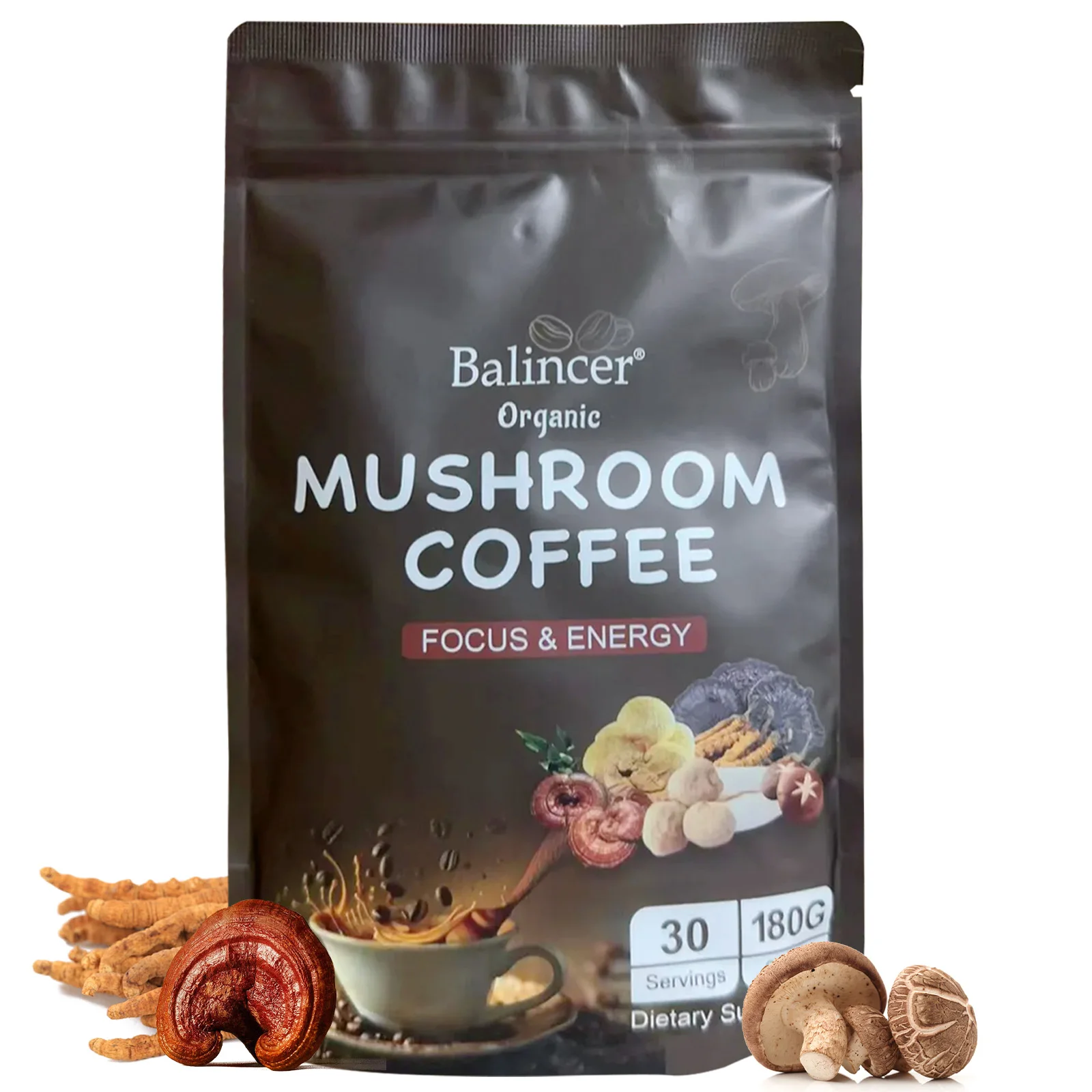 Organic Mushroom Coffee - LION\'S MANE, Shiitake, Cordyceps, Supports Immune, Focus, Concentration, Stress, Digestion & Energy