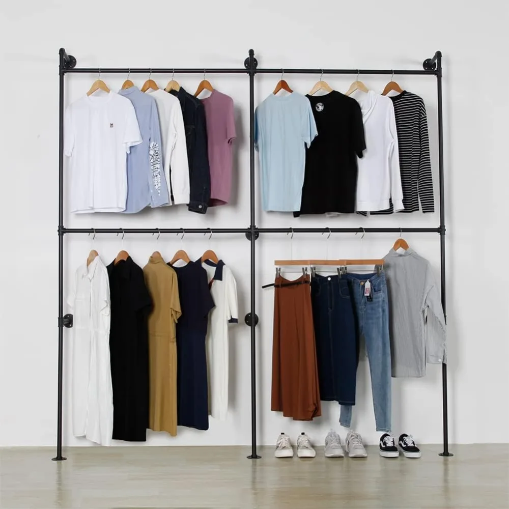 

Industrial Pipe Clothing Rack Heavy Duty Double Closet Rod Clothes Rack, Clothing Rods for Hanging Clothes, Wall Mounted