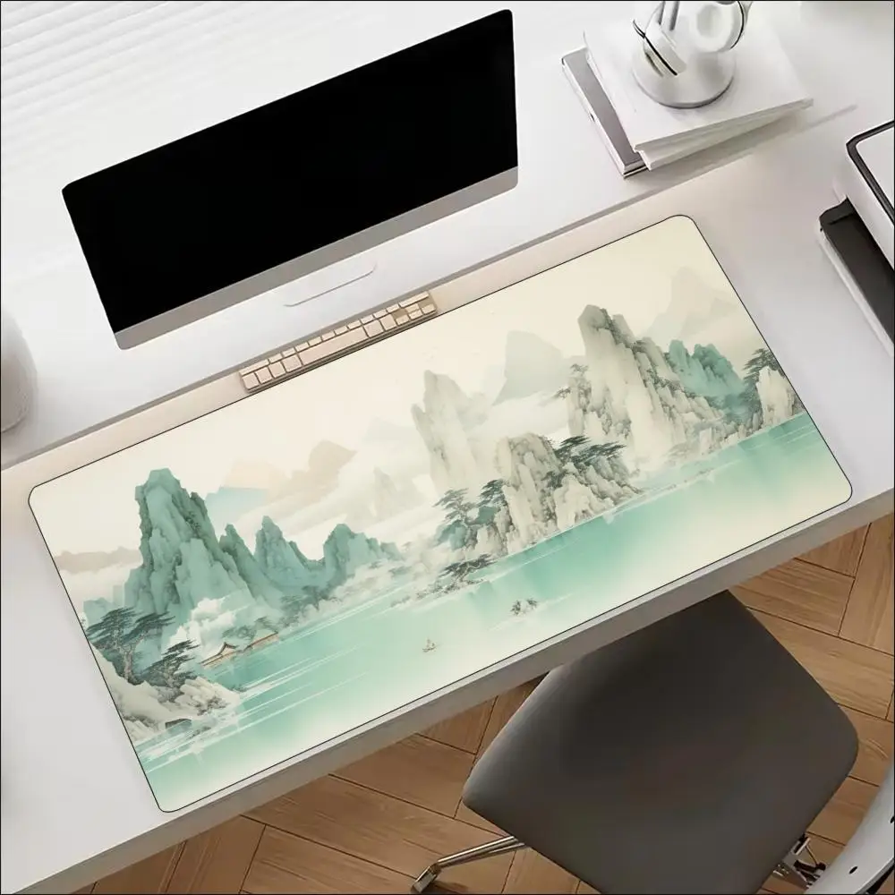 Chinese Ink Wash Mountain Lake Landscape Large Gaming Mouse Pad Non Slip Rubber Desk Mat For Laptop Keyboard Home Office Desktop