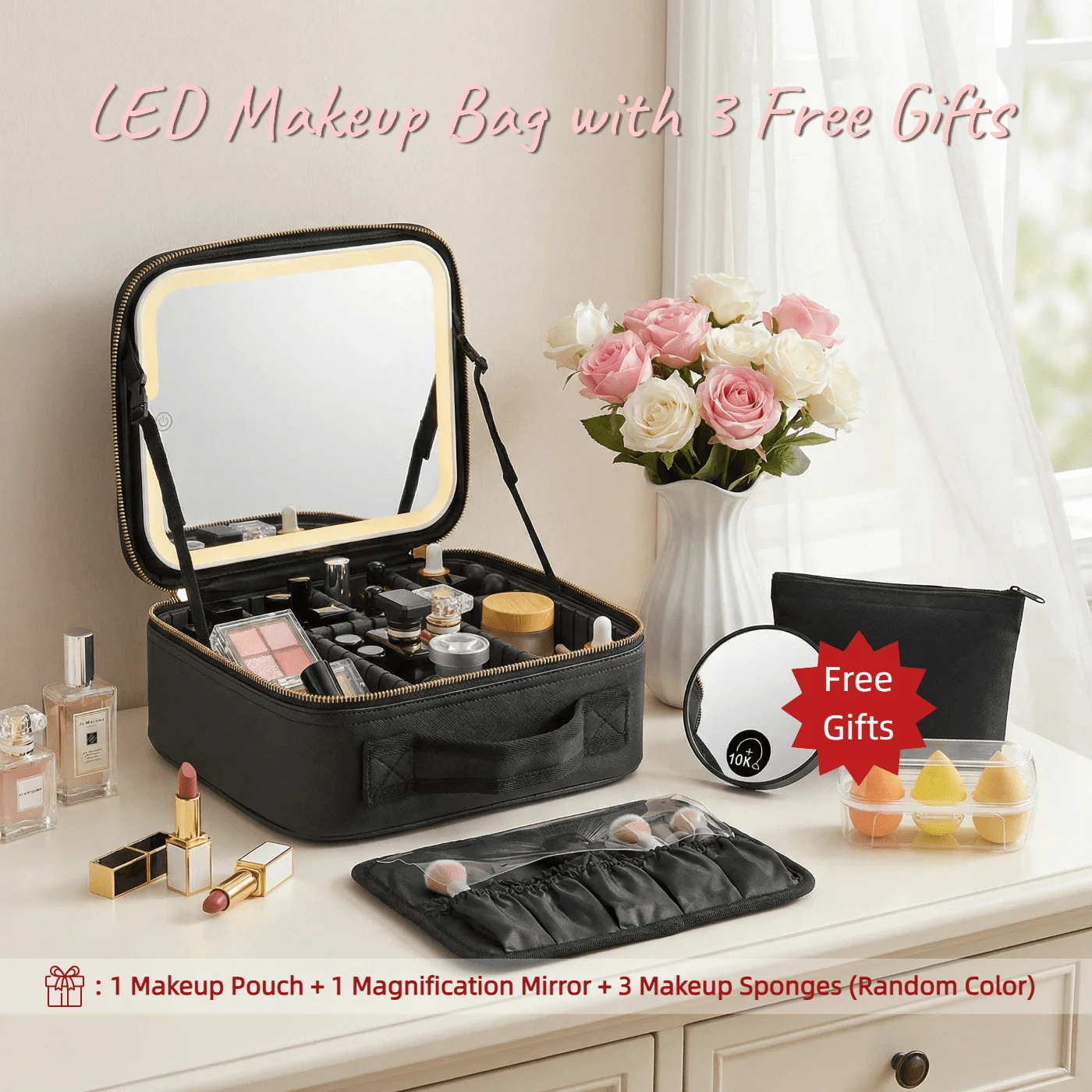 Travel Makeup Bag With LED Mirror, Cosmetic Organizer With Adjustable Dividers, Portable Makeup Case With Rechargeable Lighted Mirror, LED Makeup Bag With A Brush Holder, Comes With Free Gifts, Best Gifts For Her (PVC)