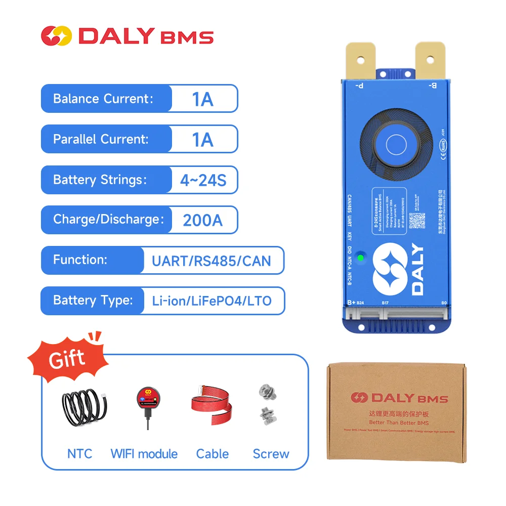 Daly BMS Smart BMS WIFI BMS 1A Active Balance Current BMS 4S 16s Bluetooth 4S 8S 200A Lifepo4 Li-ion LTO RS485 CAN BMS