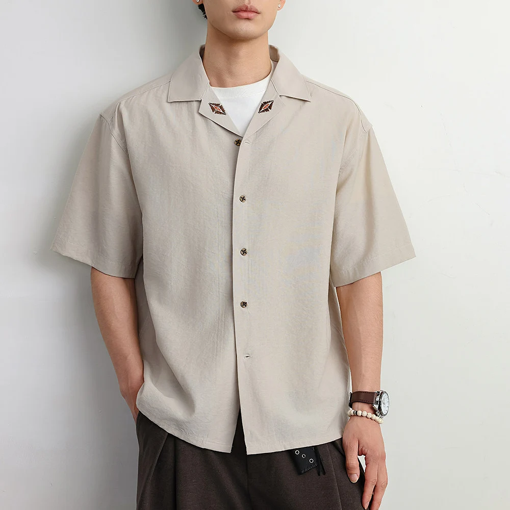 Men Summer Fashion Embroidery Cuban Collar Loose Casual Vintage Short Sleeve Shirt Male Korean Streetwear Shirts Blouses Tops
