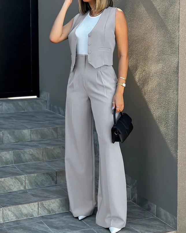 Office Female Two Piece Set Women Outfit 2023 Autumn New Fashion Buttoned Vest Top & Wide Leg Pants Set Temperament Commuting