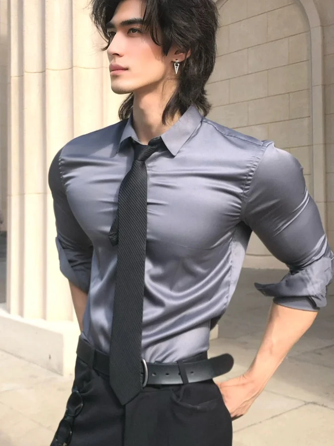 Deep Grey Silk Luster Men's Shirt Slim Fit Long Sleeve Acetate Satin Silk Shirt Trendy Base Layer Shirt Casual Style