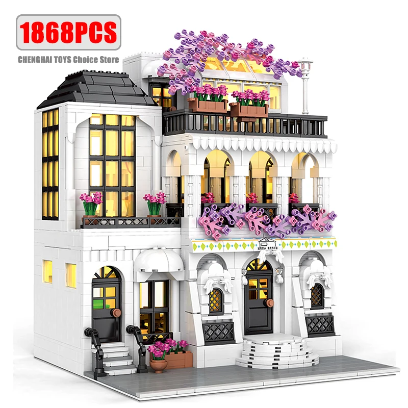 MOC Creative European Architecture Building Blocks Garden Hotel Flower Street Villa Street View Bricks Ideas Toy For Friend Gift