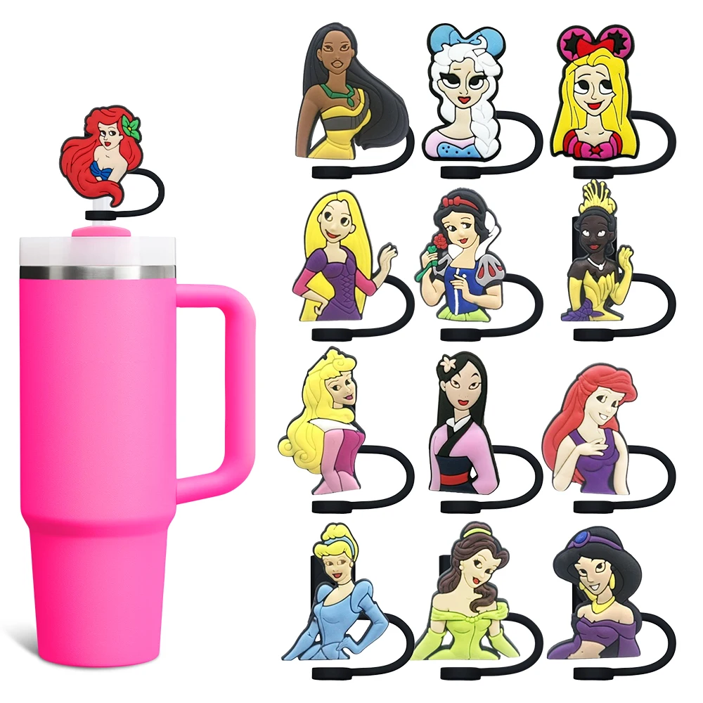 Princess Series Cartoon Straw Cover Cap 10MM Silicone Straw Plug Splash Proof Drinking Cup Straw Charms Pendent Home Party Gift