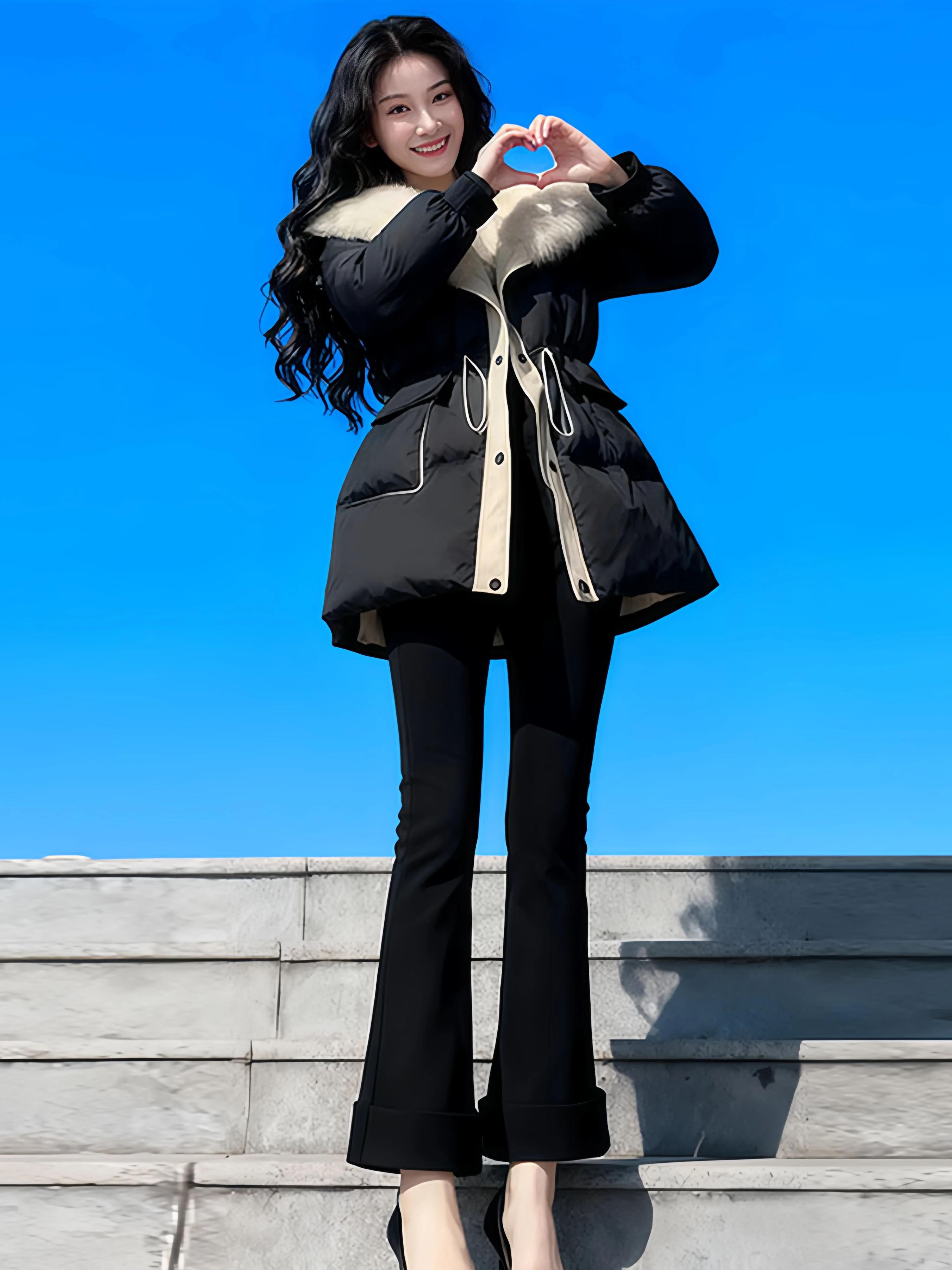 Unique Beautiful Thickened Warm Cotton Jacket Women's Mid-Length Waist-Cinching Fur Collar Coat Stylish Commute Korean Style