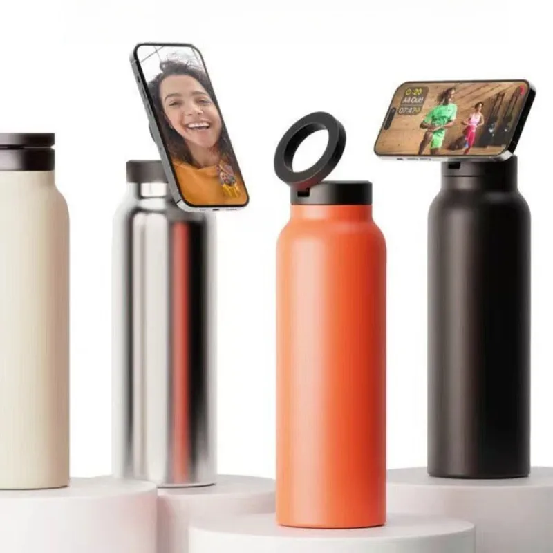 

New Popular 24oz/32oz Magnetic Suction Mobile Phone Holder Sports Kettle 304 Stainless Steel Thick Insulated Bottle