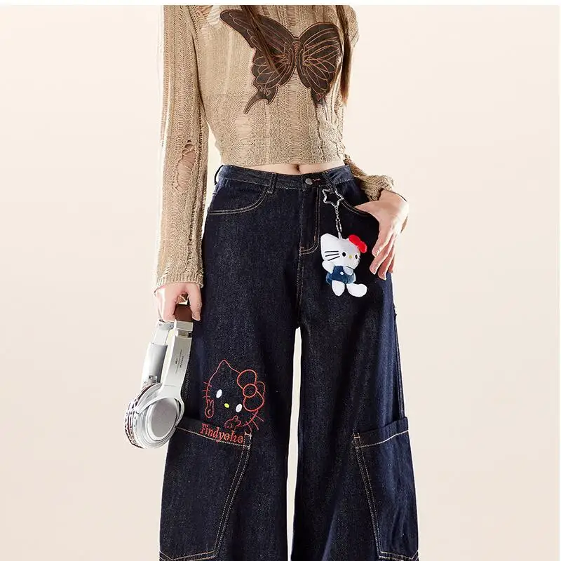 Jeans Hello Kitty Scimitar Work Pants 2026 New Women's Spring Summer Retro Distressed Washed Casual Wide Leg Loose Pants Cartoon view 5