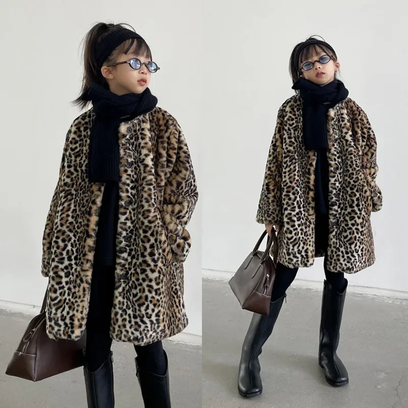 

Autumn and Winter New Korean Children Clothing for Girls Long Leopard Print Imitation Fur Children Coat Jacket Trendy