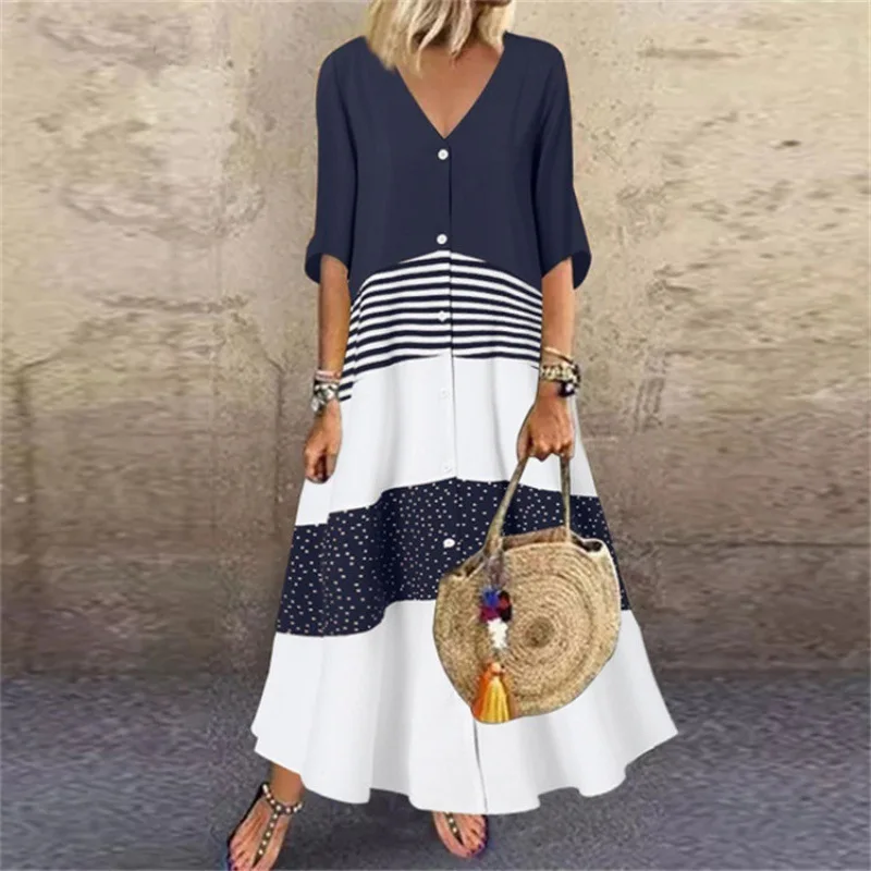 Women Print Dresses Single Breasted V Neck Long Dresses Half Sleeve Loose Spliced Casual Vestidos Button Ladies Summer