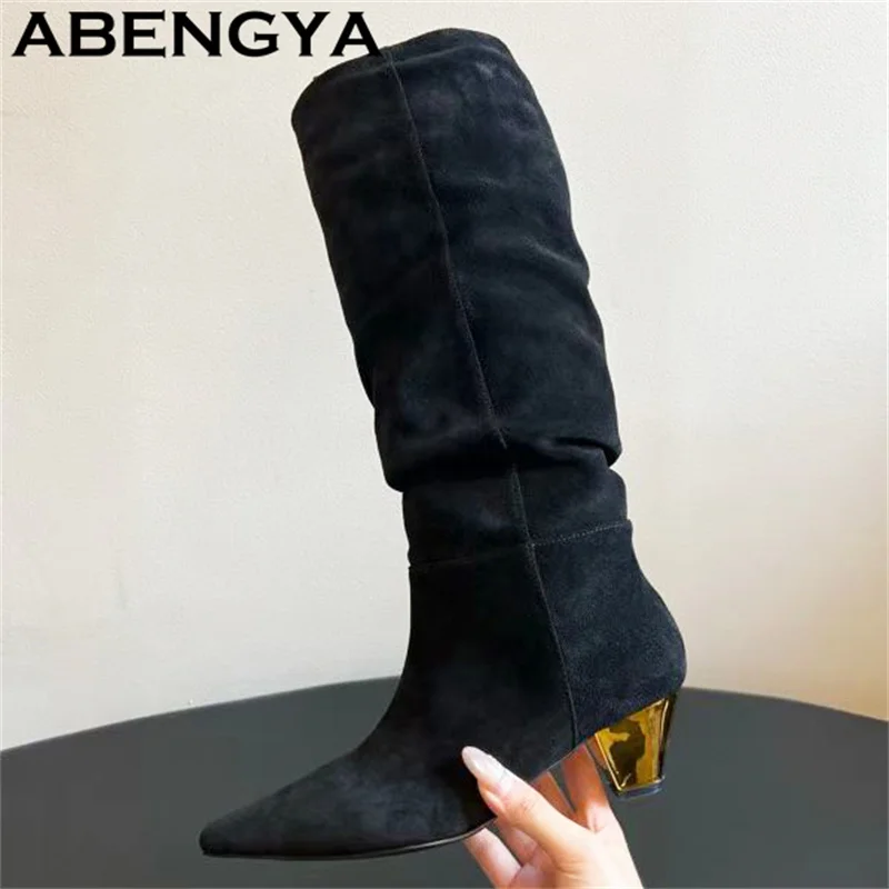 2026 Winter Black Suede Leather Knee High Boots Women Pointy Toe Mid Heels Chelsea Boots New Fashion Week Long Boots Feminine