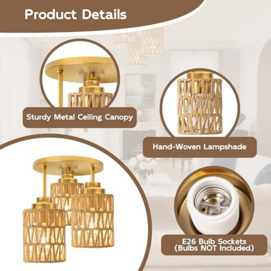 3-Light Semi Flush Mount Ceiling Light Fixture, Boho Farmhouse Light Fixtures Ceiling Mount with Hand Woven Rattan Shade, Gold