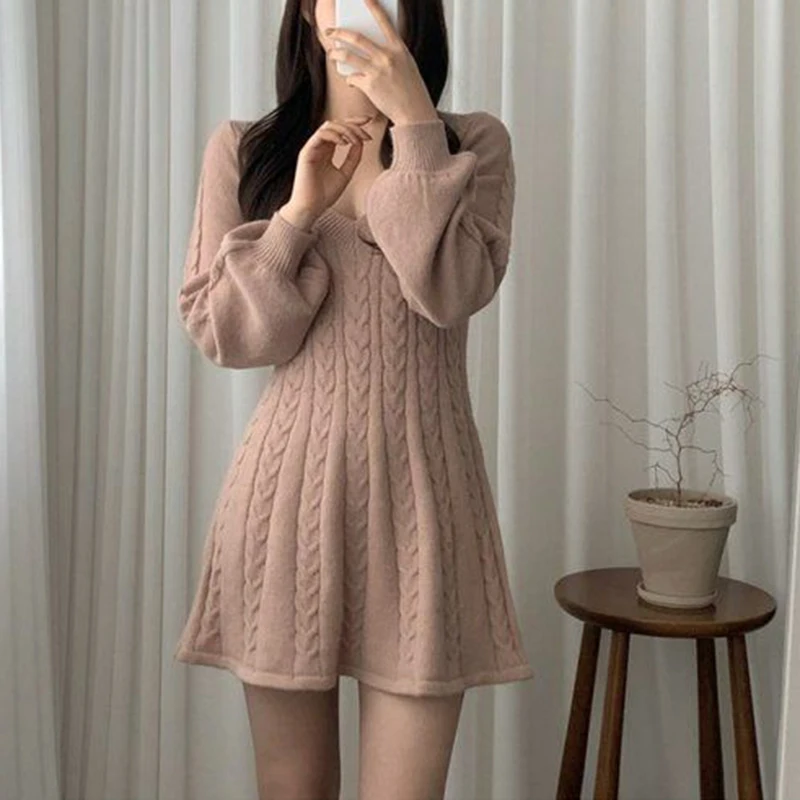 Woman Solid Mini Dress Y2K A Line Flared Long Sleeves Knitted Dress Women Basic Autumn Winter Streetwear Chic Vintage Dress Robe