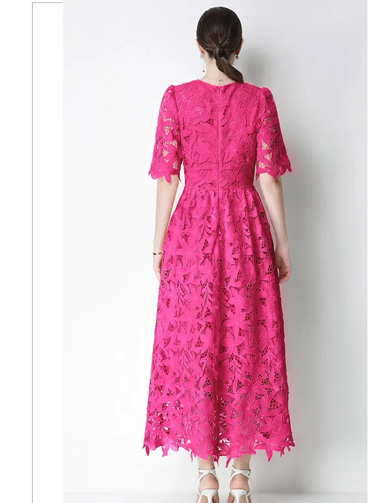 Summer Designer Fashion Lace Hollow out Long Maxi Dress Women Short Sleeve Flower Embroidery Solid Lace Party Robes