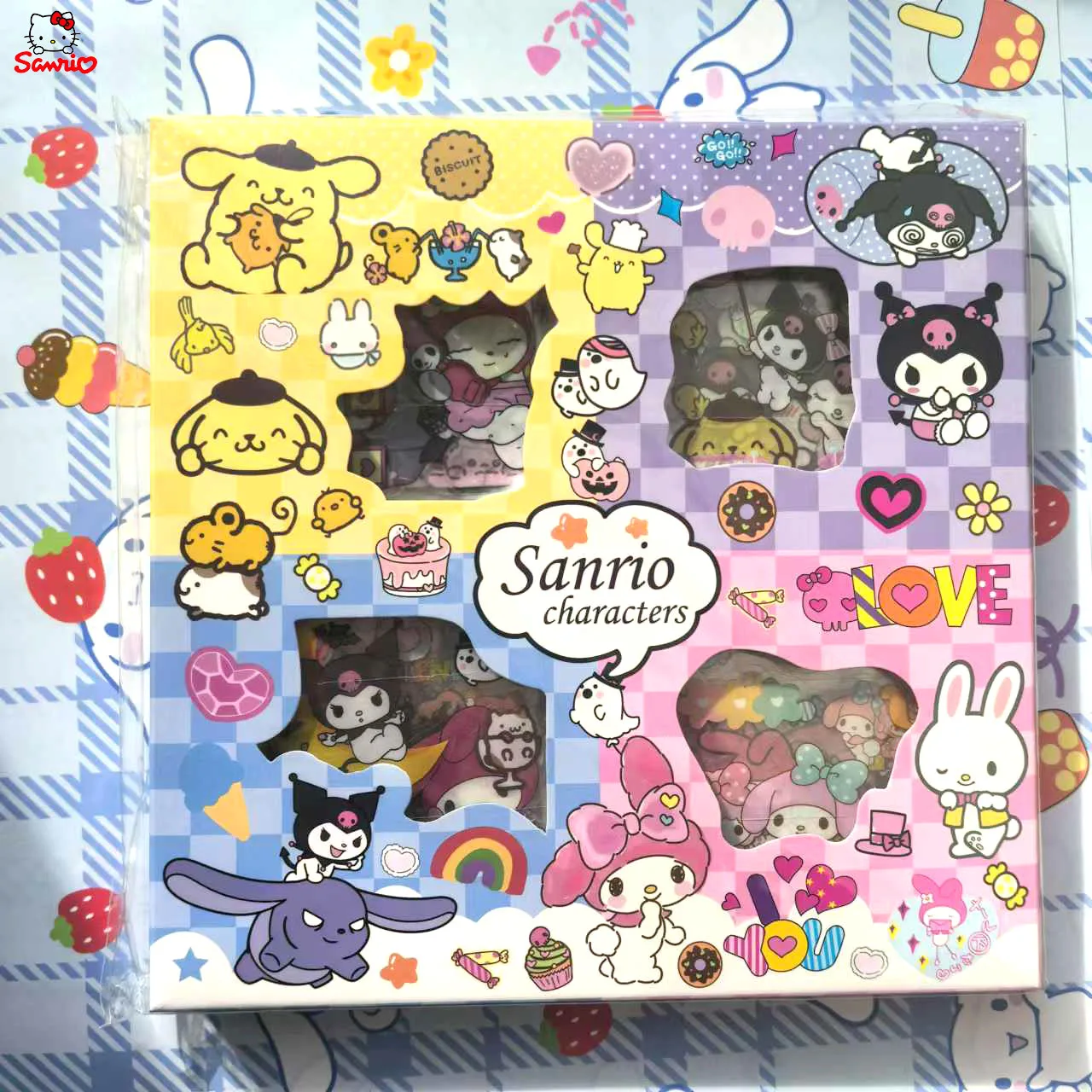 100Pcs Sanrio Kuromi Melody Cinnamoroll PET Transparent Waterproof Stickers Cartoon DIY Stationery Hand Ledger Sticker Gift Box