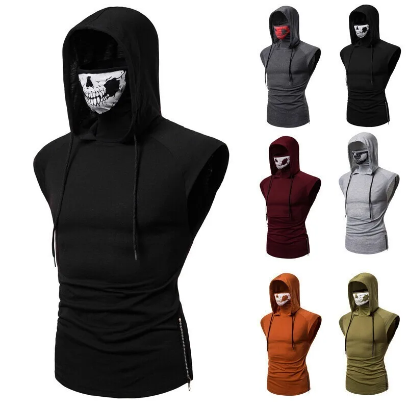 Foreign trade elastic fitness men's clothing hooded sleeveless T-shirt mask fashionable and simple 1815G10