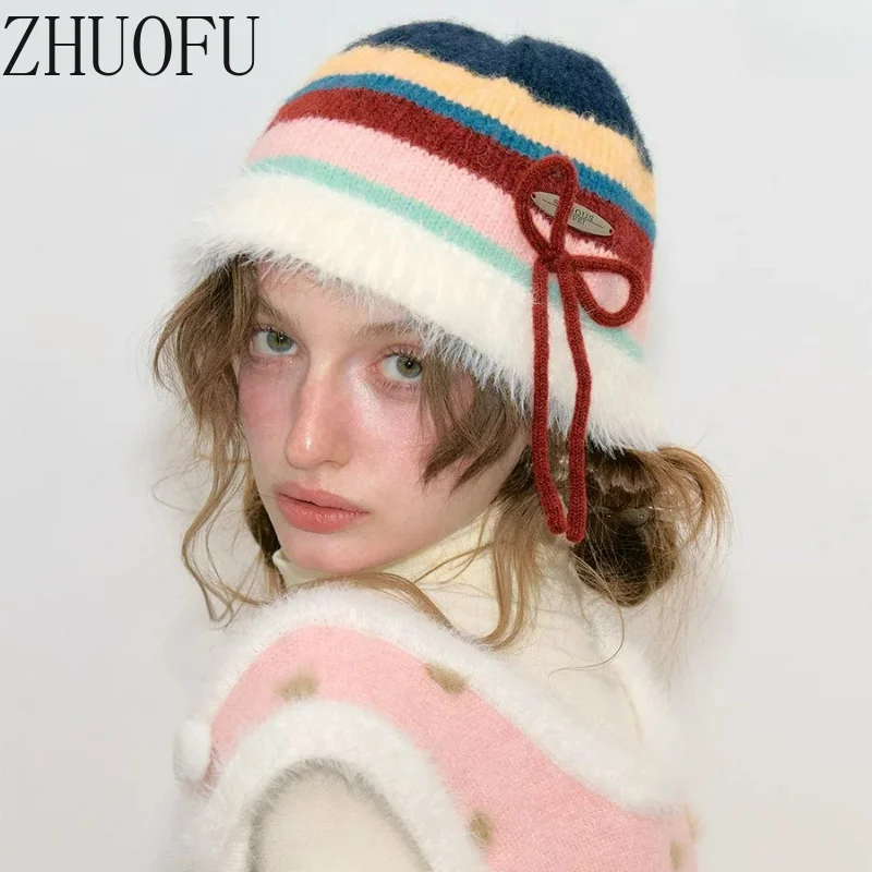 Autumn Winter Retro Design Women's Hat Striped Splicing Cute Bow Sweet Cool Warm Plush Hats Ladies Versatile Accessories New