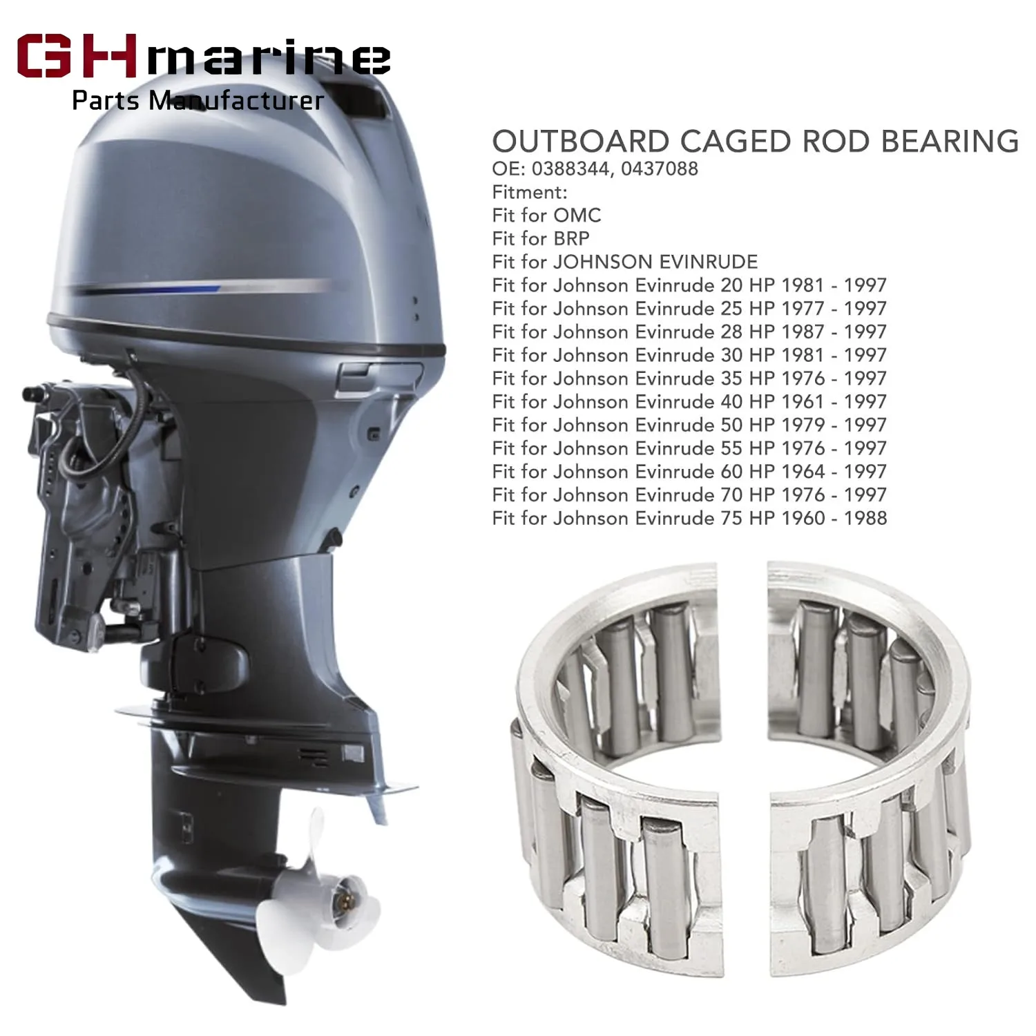 Outboard Metal Alloy Caged Rod Bearing 388344 Standard For Johnson Evinrude 20-75 HP OMC BRP 2Stroke 2.1-3L Connecting Rod Motor