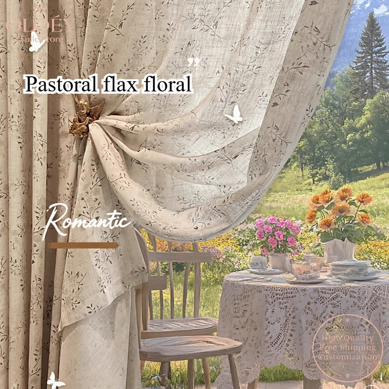 

American Country Curtains for Window Cottage Floral Print Linen Sheer Lace Light Translucent Privacy Decorative High End Drapes