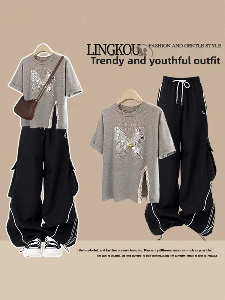 

Летний повседневный комплект из двух предметов: вязаный топ с пайетками и широкие брюки для женщин