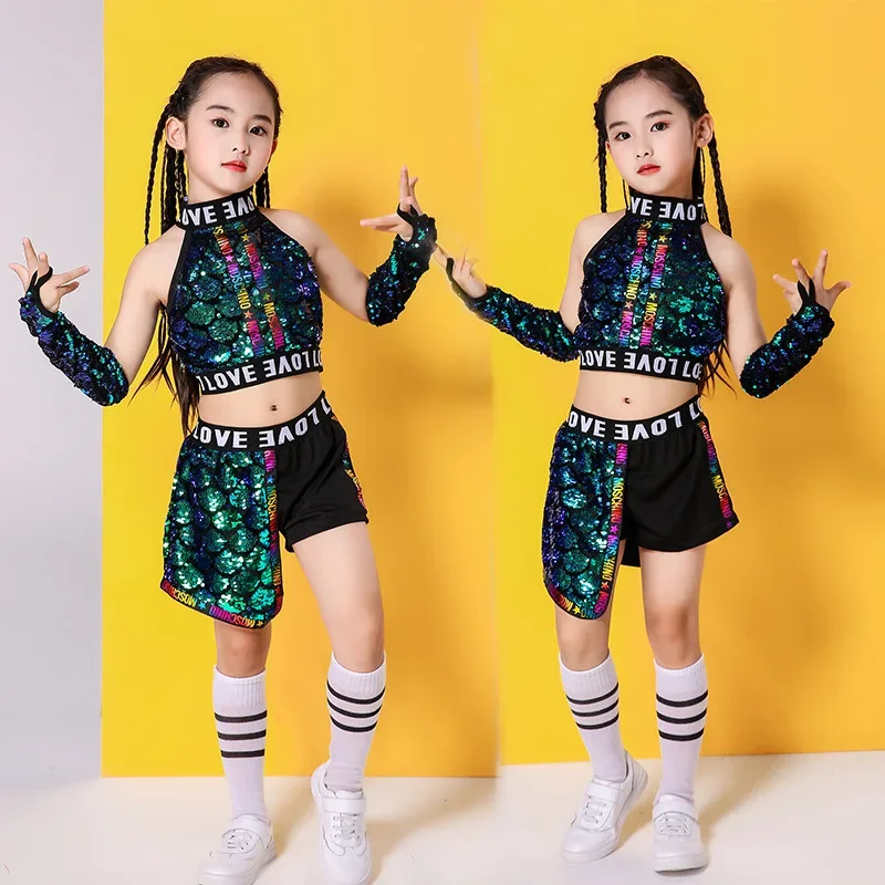 Costume Hipster Cool Girl Jazz Dance Costume Sequin Kids Hip Hop Cheer Set