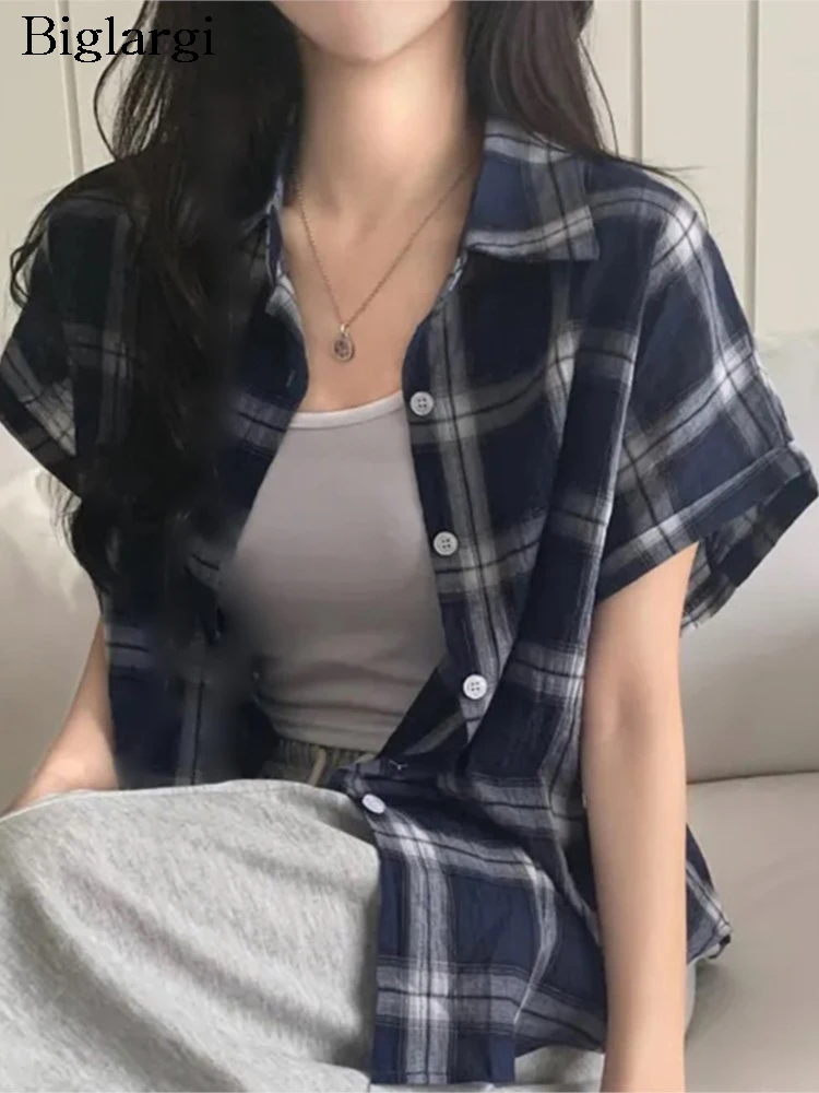

Summer Shirts Women Plaid Print Fashion Casual Loose Ladies Blouses Korean Style Woman Shirt Tops