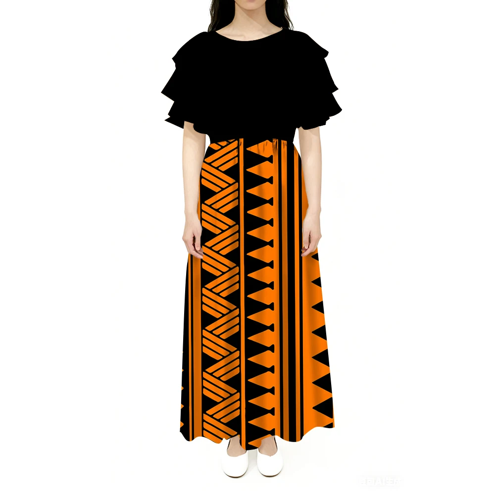 Layered Lotus Leaf Sleeves Round Neck Long Cinched Waist Design Elegant Women'S Dress Polynesian Custom Evening Dress Pattern