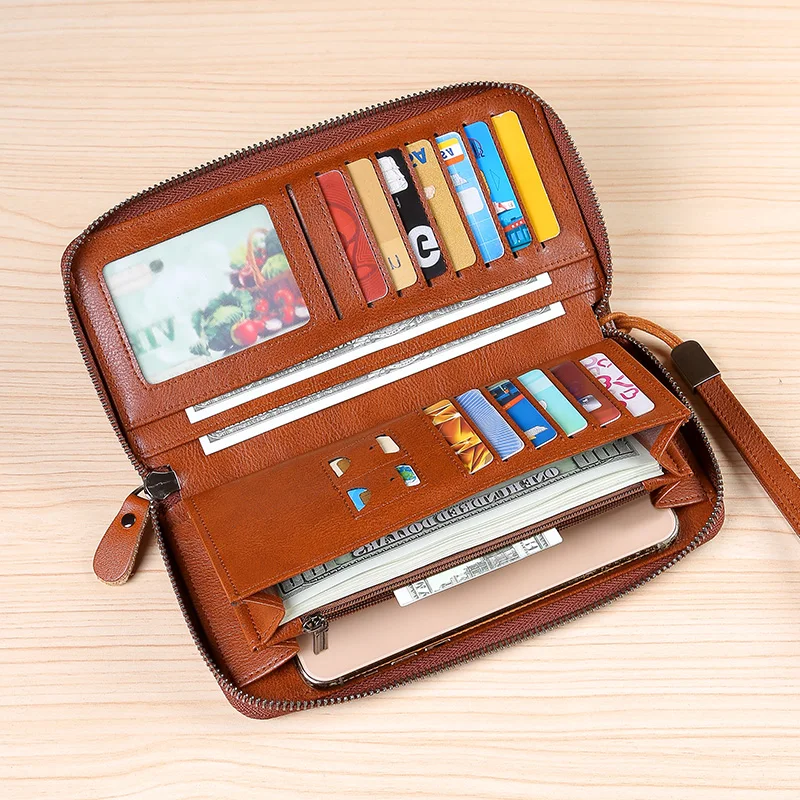 محفظة جلدية للرجال طويلة جديدة من جلد البقر الناعم حقيبة يد للسفر خفيفة فاخرة وبسيطة ذات سعة كبيرة وفرشاة مضادة للسرقة متدرجة اللون أصفر