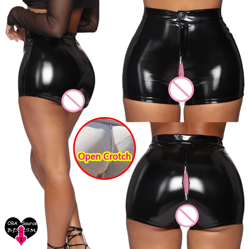 Women Flash PU Open Crotch Pants Zipper Hidden Leather Shorts Sexy Crotchless Hot Pants High Waist Erotic PVC Sex Latex Panties