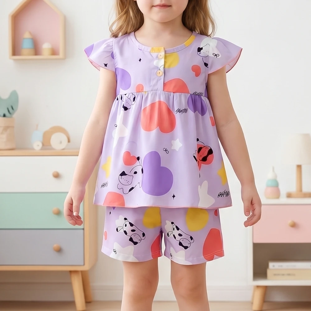 (1-12Years Old）New Summer Girls Princess Vest Sets with Floral Printed Child Fly Sleeve Top Shorts 2Pcs/Sets Kids Thin Outfits