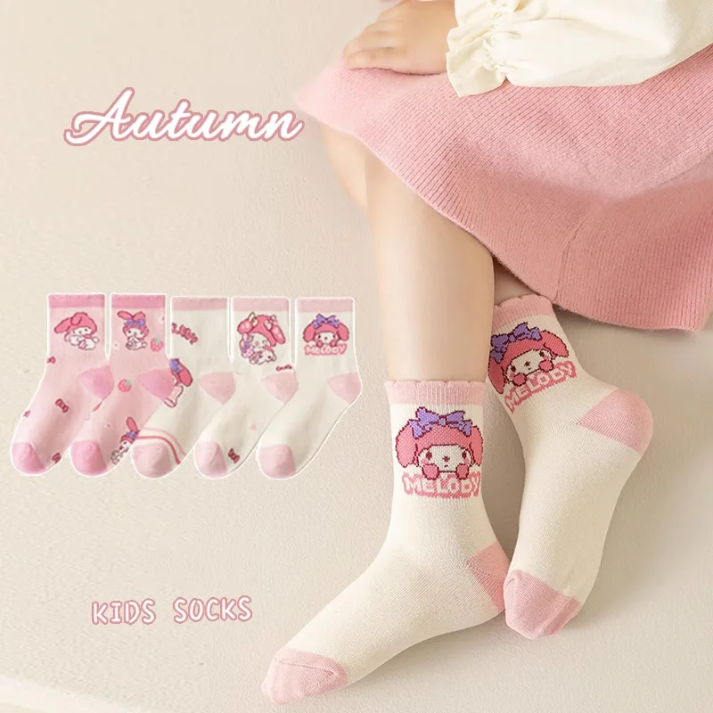 

10 Paris Sanrio Children's Socks Girls Spring Fall Cotton Mymelody Midtube Socks Girls Kulomi Baby Socks Girls Cute Baby Lace