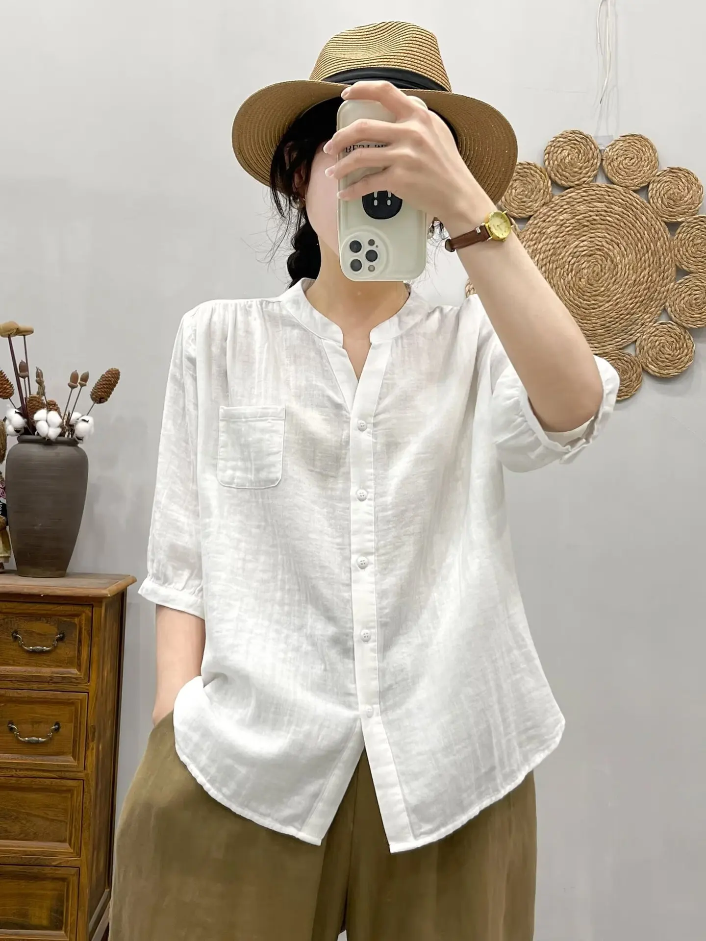 New 2025 Summer Cotton Yarn Half Sleeve Shirt, Women V Neck Pocket Solid, Mori Girl OL Versatile Casual Loose Blouse T55545CC