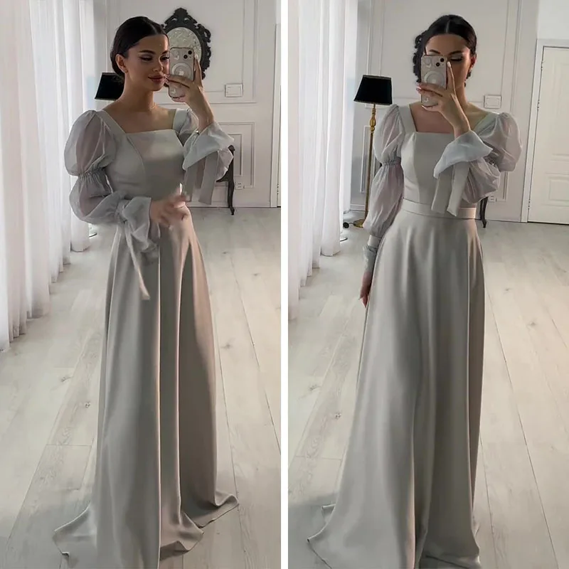 

Square Neckline Temperament Speaker Sleeve Tie Women Dress Summer Solid Color Long Sleeved High Waisted Slim Fit Long Skirt