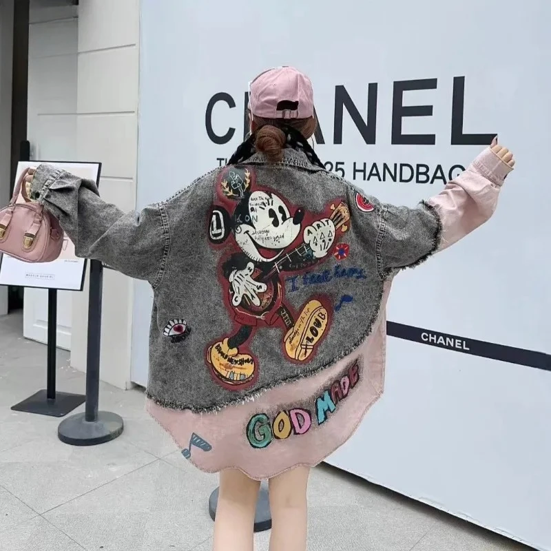 2025 الربيع والخريف الكرتون المطبوعة قميص دينيم المرأة فضفاضة عادية تنوعا تخفيض العمر