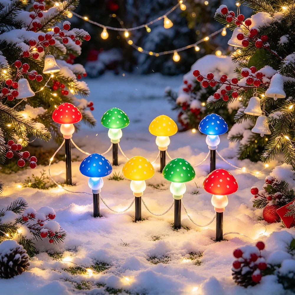 1set 8LED Colorful Fake Mushroom Solar String Lights, for Garden Yard Christmas New Year Birthday Party Gathering Holiday Decor