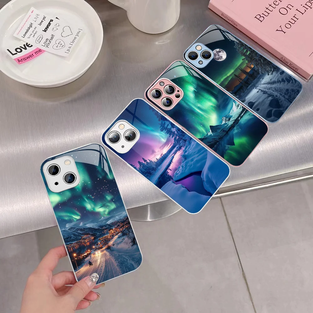 Beautiful Northern Lights Phone Case Tempered Glass For Iphone 14 13 12 11 Pro Mini XS MAX 14Plus X XS XR Cover